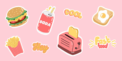 Collection of stickers food. Burger, soda, french fries, toast with egg. Perfect for menu or food package design. Hand drawn vector illustration on pink background