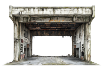 an old run down concrete building with a white background cutout and isolated on transparent background 