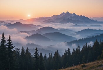 Obraz premium Misty Mountain Sunrise Evergreen Forests - Tranquil Nature Landscape Travel Eco-Tourism Marketing