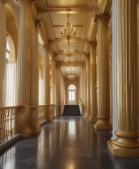 Grand hallway with tall, slender columns and a gleaming golden banister, columns, hallways, elegant