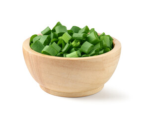 Fresh chopped green onion in bowl isolated on white