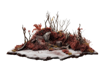 a small group of trees with red leaves cutout and isolated on transparent background 