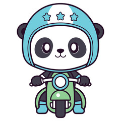Cute Panda Character Rides Scooter with Blue Helmet on Transparent Background
