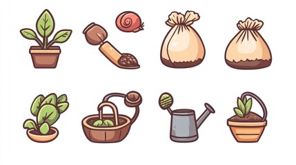 Gardening tools and plants; potting, watering, soil