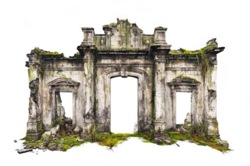 an old ruin with moss growing on the walls cutout and isolated on transparent background 