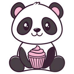 Sweet Cartoon Panda with Pink Cupcake on Transparent Background