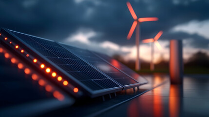 Solar Panels and Wind Turbines at Sunset