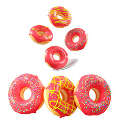 Donuts with red fruit glaze, sprinkles, white drizzle, and dots isolated on white transparent background. 3d rendering and illustration of dessert variety