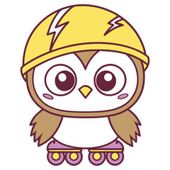 Cartoon Owl with Yellow Helmet and Roller Skates in a Cute Style on White