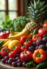vibrant fresh produce arrangement colorful variety fruits vegetables wooden table display, market, texture, organic, green, orange, red, yellow, leafy
