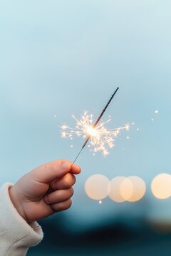 close-up of child hands holding lit sparkler during warm spring evening tiny sparks illuminating fingers