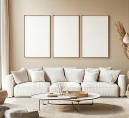 Modern living room with beige walls, white sofa, and three blank frames.