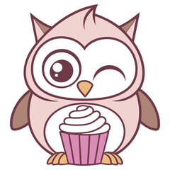 Cartoon Pink Owl Winking One Eye Holding Cupcake Adorable Kawaii on White Background