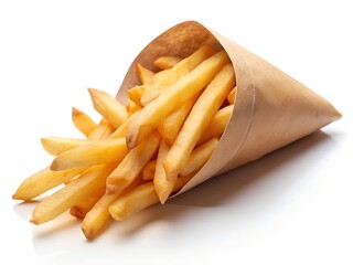 French fries a paper cone on white background