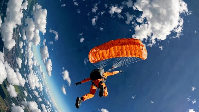 Aerial video shot of a skydiver in an orange suit and parachute, soaring above fluffy clouds, capturing the thrill of freefall from a dynamic angle.