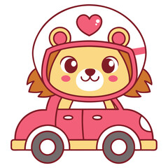 Cartoon lion in pink car with heart on helmet, transparent background cute style