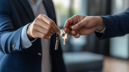 "A real estate agent handing over the keys to the new owner of a house, symbolizing the successful completion of a property transaction and the excitement of homeownership."
