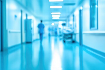 Blurred Hospital Corridor with Medical Staff and Gurney in Blue Tone