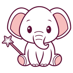 Cute Sitting Elephant with Pink Ears and a Magic Wand on Transparent Background