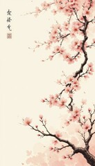 Naklejka premium Watercolor Cherry Blossom Branches Pink Flowers Cream Background - Elegant Spring Floral Illustration Home Decor, Greeting Cards, Seasonal Marketing