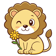 Cartoon Lion Winking, Holding Yellow Flower, Transparent Background, Cute Animal