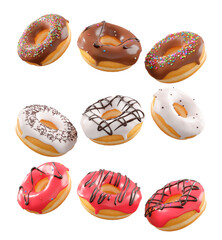 Assorted donuts with colorful icing, sprinkles, and chocolate isolated on white transparent background. 3d rendering and illustration of dessert variety