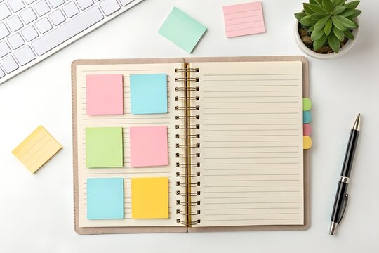 Top view of open notebook with colorful sticky notes organized on both pages. Bright and creative mockup for productivity, planning or office branding.