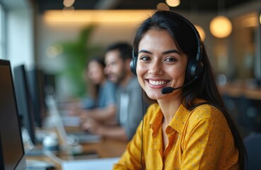 Smiling Indian call center agent wearing headset works in customer support office. Happy woman consulting clients. Support specialist, customer service representative in workplace.
