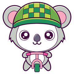 Cartoon Koala with Helmet Riding Bike, on Transparent Background