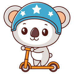 Cute Koala Riding Scooter Wearing Starry Helmet Isolated on White Background