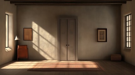 Empty sunlit room with rustic charm