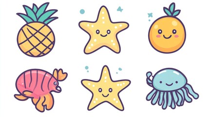Cute summer fruit and sea creature icons;  tropical beach background; kids' design