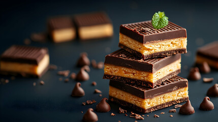 Stacked Dark Chocolate Caramel Candy Squares on Dark Background