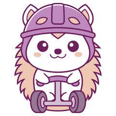 Cartoon Hedgehog Scooter Rider with Helmet, Flat Design on White Background