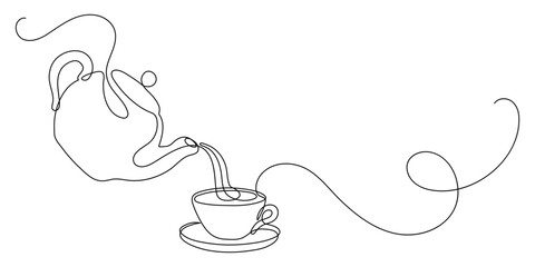 Teapot pouring tea to cup. Continuous line drawing.