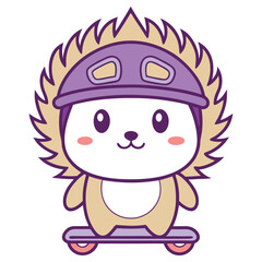 Cartoon Hedgehog in Helmet on Skateboard Cute Comic Style Isolated on White
