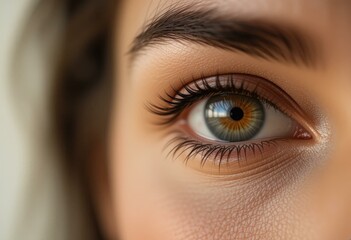 Naklejka premium Close-Up Young Woman's Eye Vibrant Iris Lush Eyelashes Soft Neutral Background - Eye Makeup Eye Care Marketing