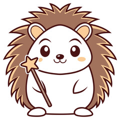 Cute Cartoon Hedgehog Holding Star Wand on Transparent Background