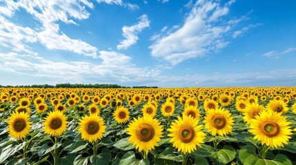 Fototapeta premium Sunflowers Under Blue Skies A Wide Shot of a Vibrant Field