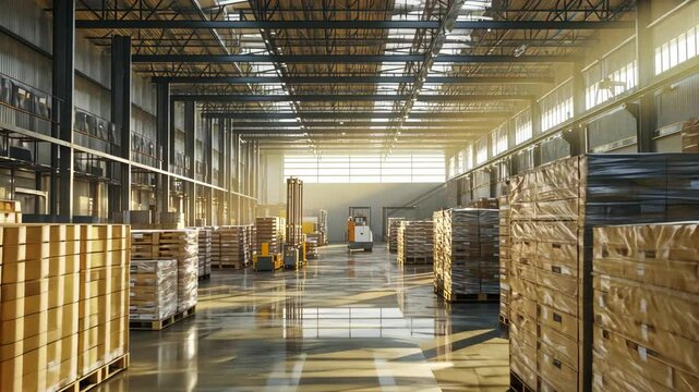 Bright and Spacious Warehouse Interior with Wooden Pallets in Rows