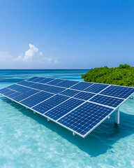 Tropical solar panel array floating on calm turquoise ocean water near lush island vegetation under a clear blue sky