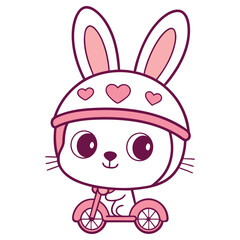 Playful White Bunny with Pink Helmet and Scooter on a Transparent Background