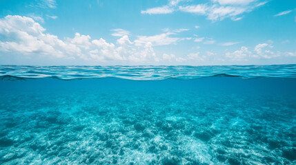 Obraz premium A serene underwater scene with clear turquoise water, showcasing the ocean floor and gentle waves above against a bright sky.