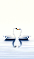 Naklejka premium Two graceful white swans facing each other, forming a heart shape on calm water, reflected beautifully