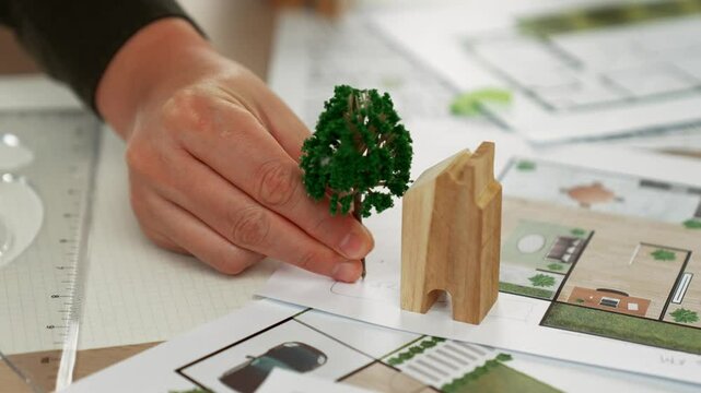 A video of architect using tree and home model to measure blueprint. Architect designing house construction on a table at studio, with architectural plan scattered around. Focus on hand. Delineation.
