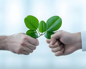 Two hands holding a small green plant sprout, symbolizing teamwork, growth, and environmental responsibility