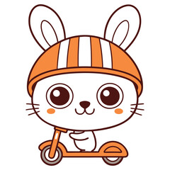 Charming White Bunny with Helmet Riding Orange Scooter on Transparent Background