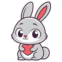 Cute Grey Cartoon Bunny Holding Red Heart on Transparent Background