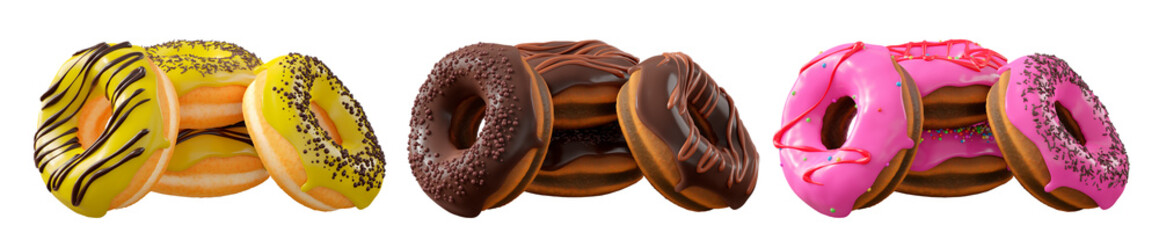 Assorted donuts with colorful icing, sprinkles, and chocolate isolated on white transparent background. 3d rendering and illustration of dessert variety