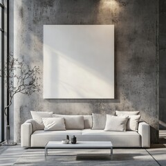 Modern living room with blank canvas, sofa, and minimalist decor.